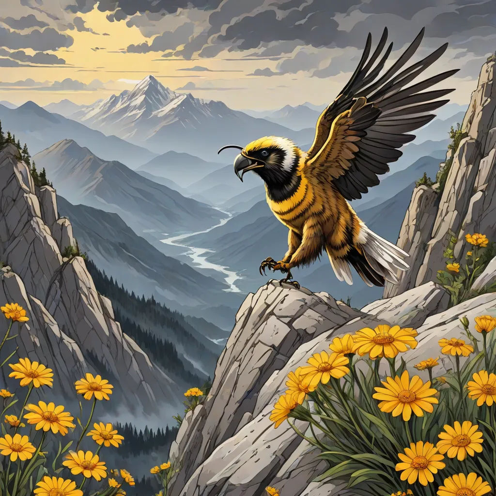 a bird with a yellow and black wings is perched on a rock with yellow flowers in the foreground, Chris LaBrooy, fantasy art, an airbrush painting, highly detailed digital art
