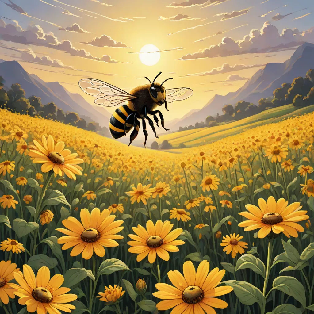 a painting of a bee flying over a field of sunflowers with a mountain in the background and a sun setting, David A Hardy, fantasy art, a storybook illustration, highly detailed digital painting