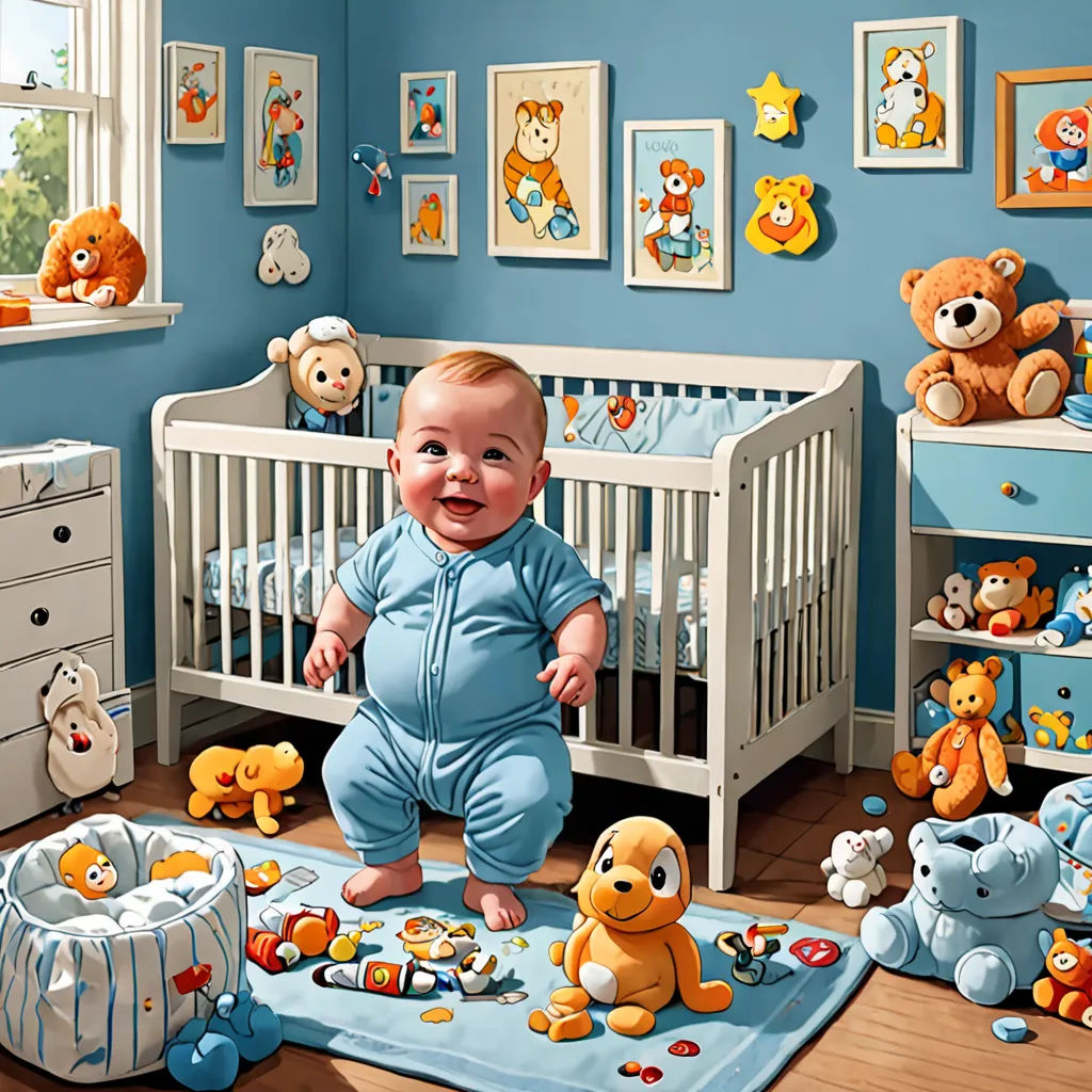 a baby in a blue outfit is surrounded by stuffed animals and toys in a blue nursery room with a crib, photorealism, a storybook illustration, Chris LaBrooy, highly detailed digital painting