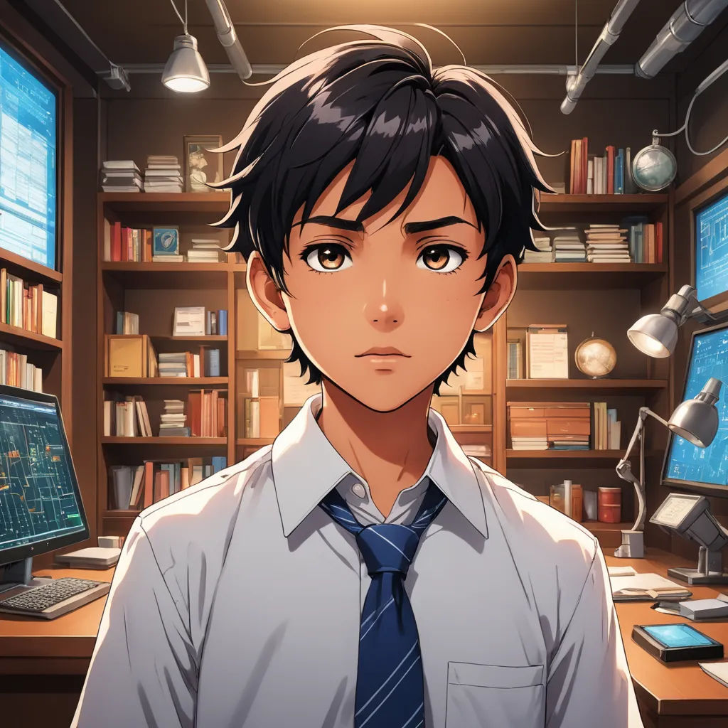 a man in a tie standing in front of a computer desk with a monitor and a keyboard on it, sots art, a character portrait, Cedric Seaut (Keos Masons), official art