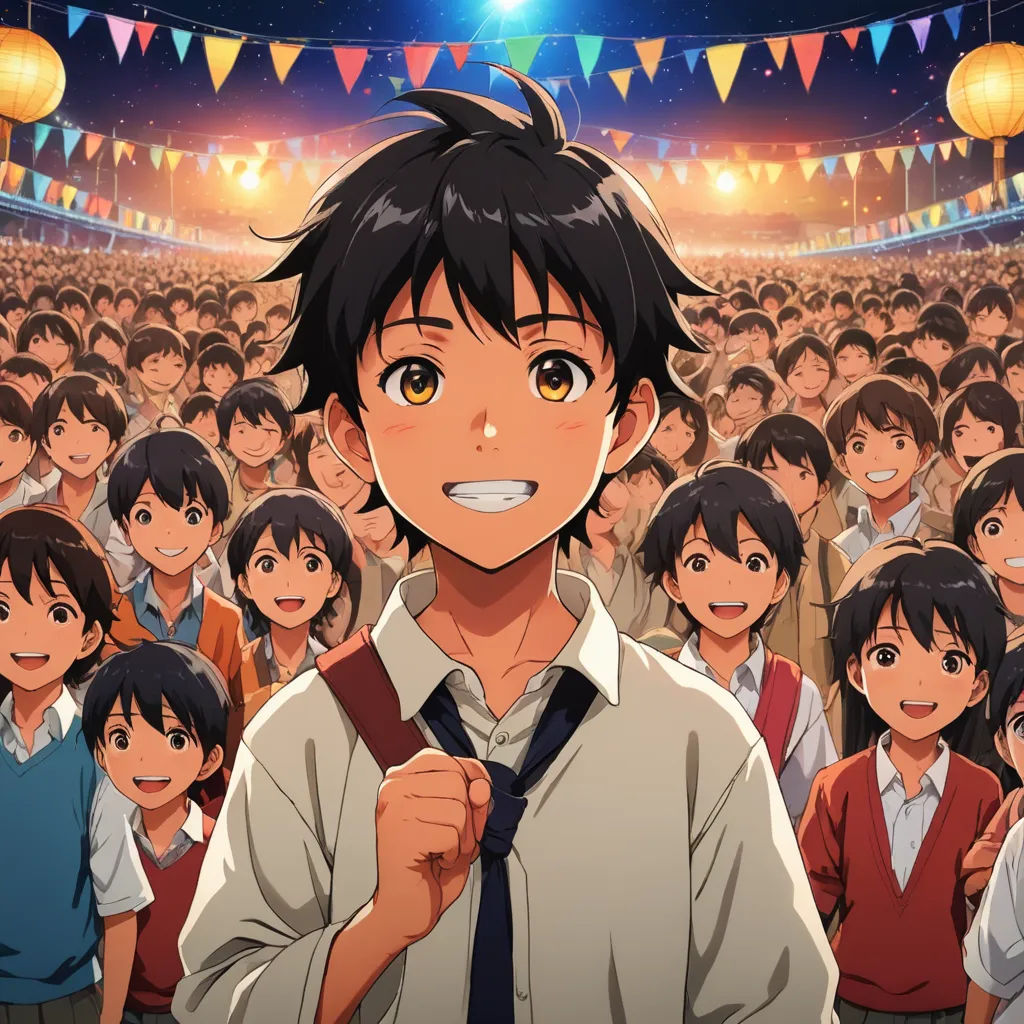 a man standing in front of a crowd of people with a tie on his neck and a microphone in his hand, rayonism, an anime drawing, Adam Manyoki, anime key visual