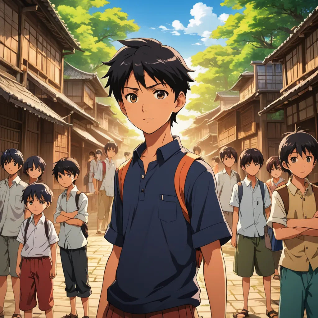 a man standing in front of a group of people in a village with trees in the background and a sky with clouds, rayonism, concept art, Baiōken Eishun, ufotable