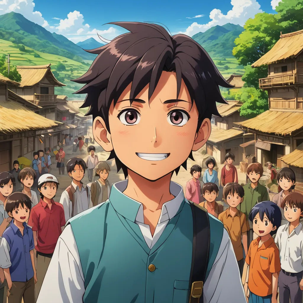 a man standing in front of a crowd of people in a village with mountains in the background and a sky with clouds, sots art, a character portrait, Adam Manyoki, ufotable