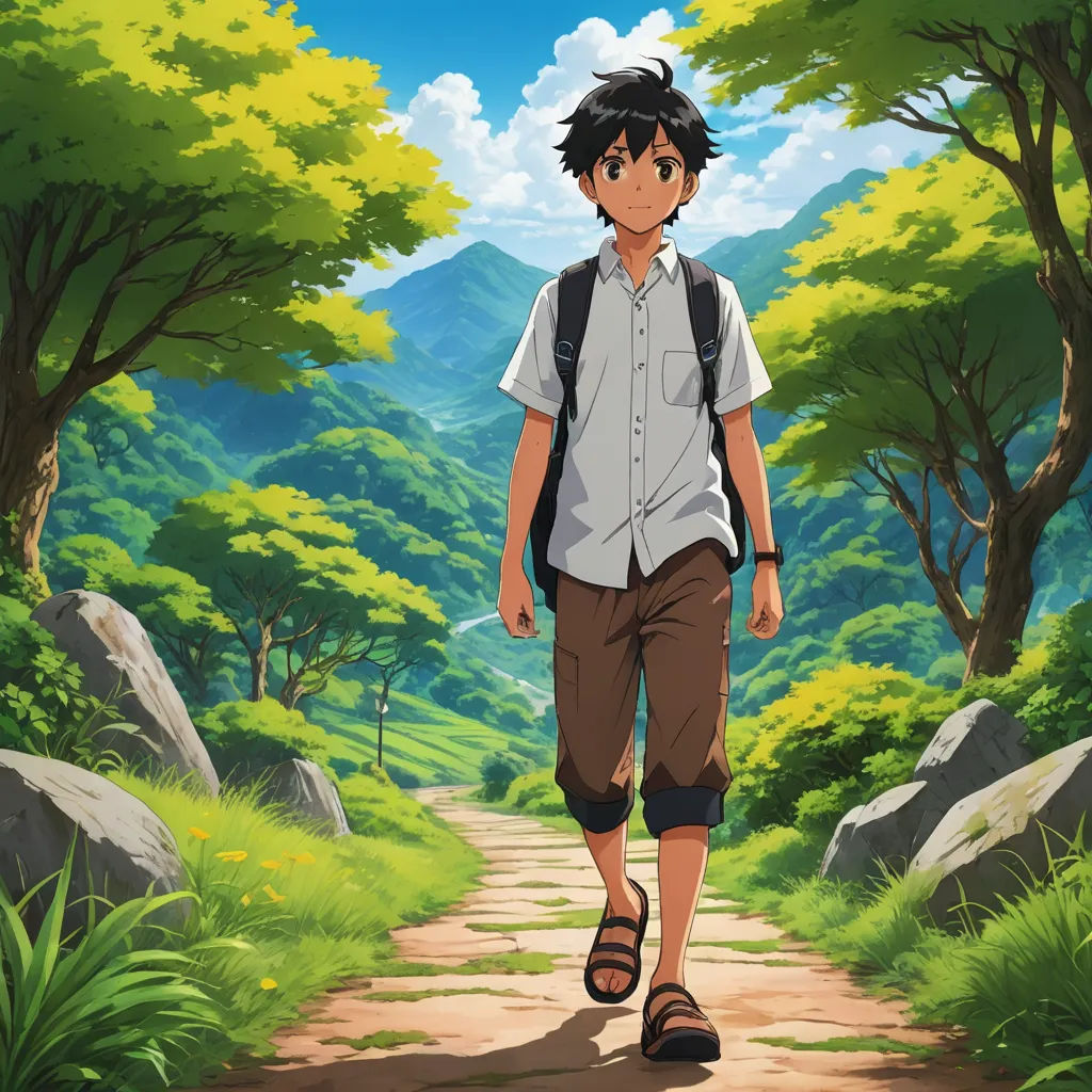 a man walking down a dirt road in the woods with a backpack on his back and a backpack on his shoulder, environmental art, poster art, Cedric Seaut (Keos Masons), ufotable
