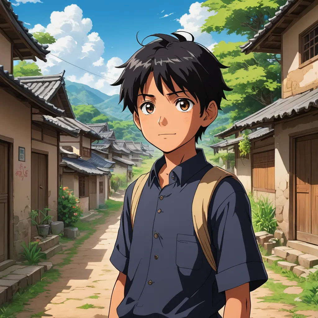 a man standing in front of a village with a backpack on his shoulder and a backpack on his shoulder, sots art, a character portrait, Eizan Kikukawa, official art