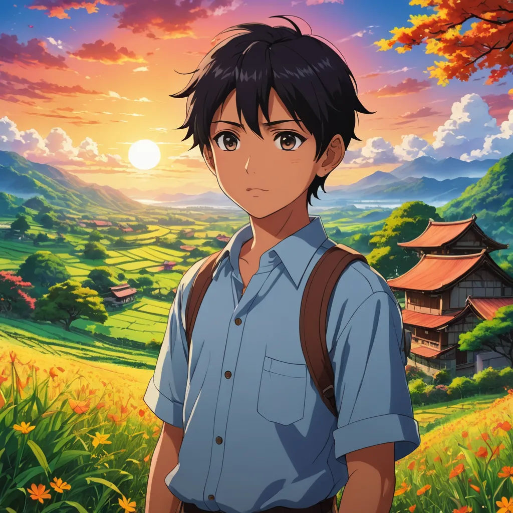 a man standing in front of a field with flowers and a sunset in the background with a house in the distance, sots art, a matte painting, Ai-Mitsu, anime key visual