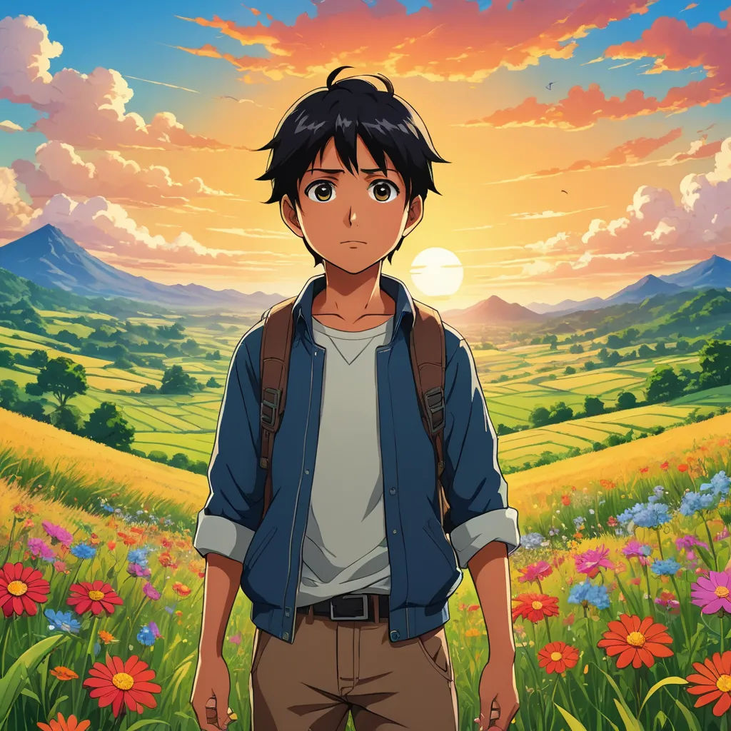 a man standing in a field with flowers in the background and a sunset in the background with clouds and mountains, sots art, poster art, Adam Manyoki, anime key visual
