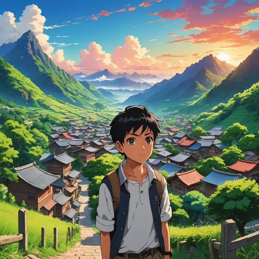 a young man standing in front of a mountain village with a sunset in the background and a village in the foreground, aestheticism, a detailed matte painting, Eizan Kikukawa, anime key visual