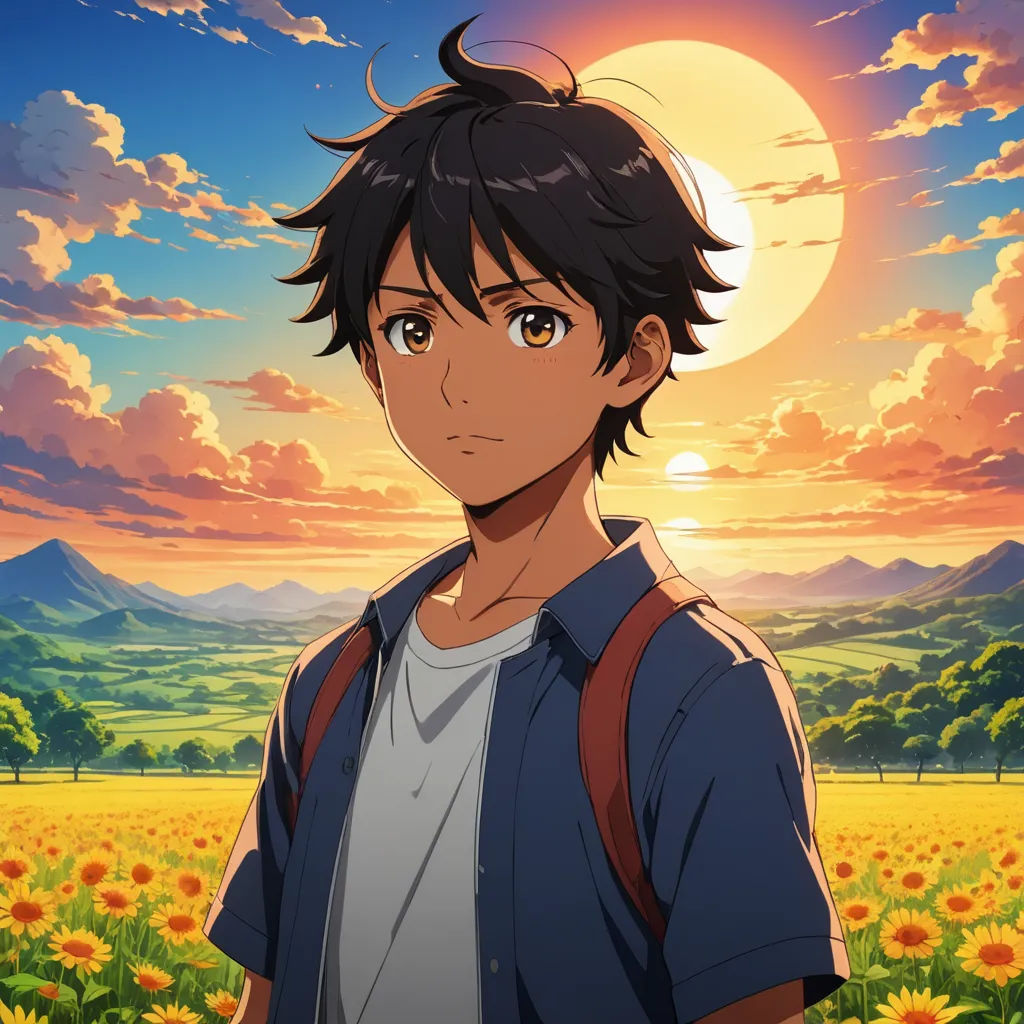 a man standing in a field of sunflowers with a sunset in the background and a sky with clouds, sots art, a character portrait, Armin Hansen, anime key visual