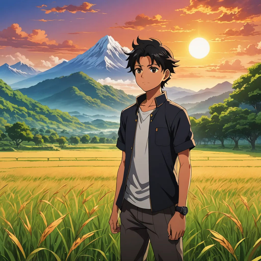 a man standing in a field with a mountain in the background and a sunset in the background with a mountain in the foreground, color field, a matte painting, Eizan Kikukawa, ufotable