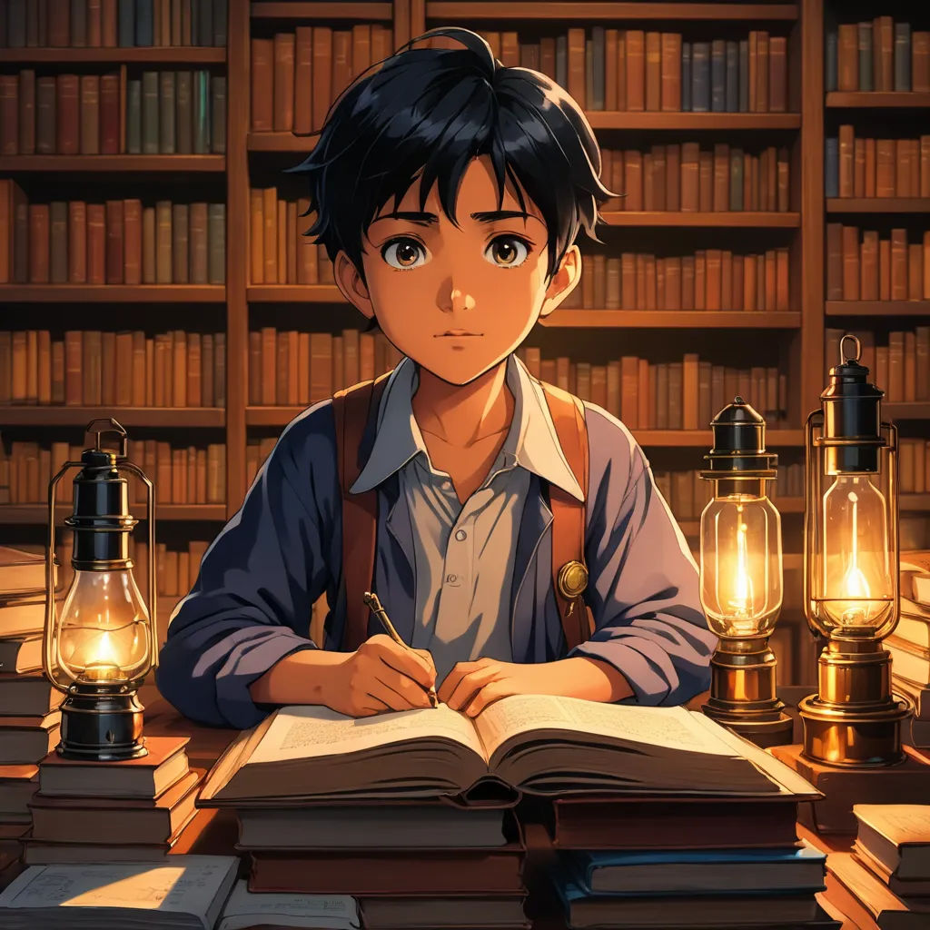 a boy sitting at a table with a book and a lamp in front of him and a bookcase full of books, fantasy art, a storybook illustration, Diego Gisbert Llorens, rossdraws global illumination