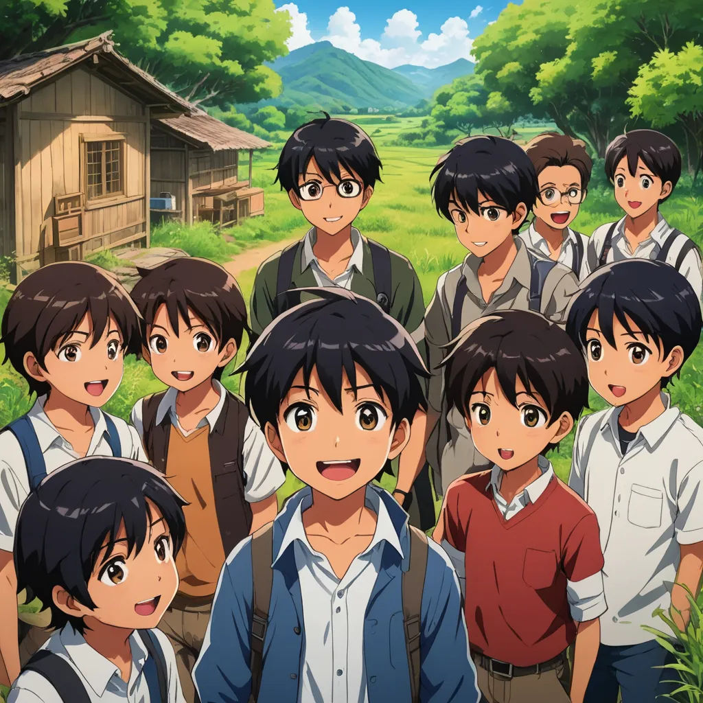 a group of young boys standing next to each other in front of a forest and a house with a mountain in the background, rayonism, a poster, Ai-Mitsu, official art