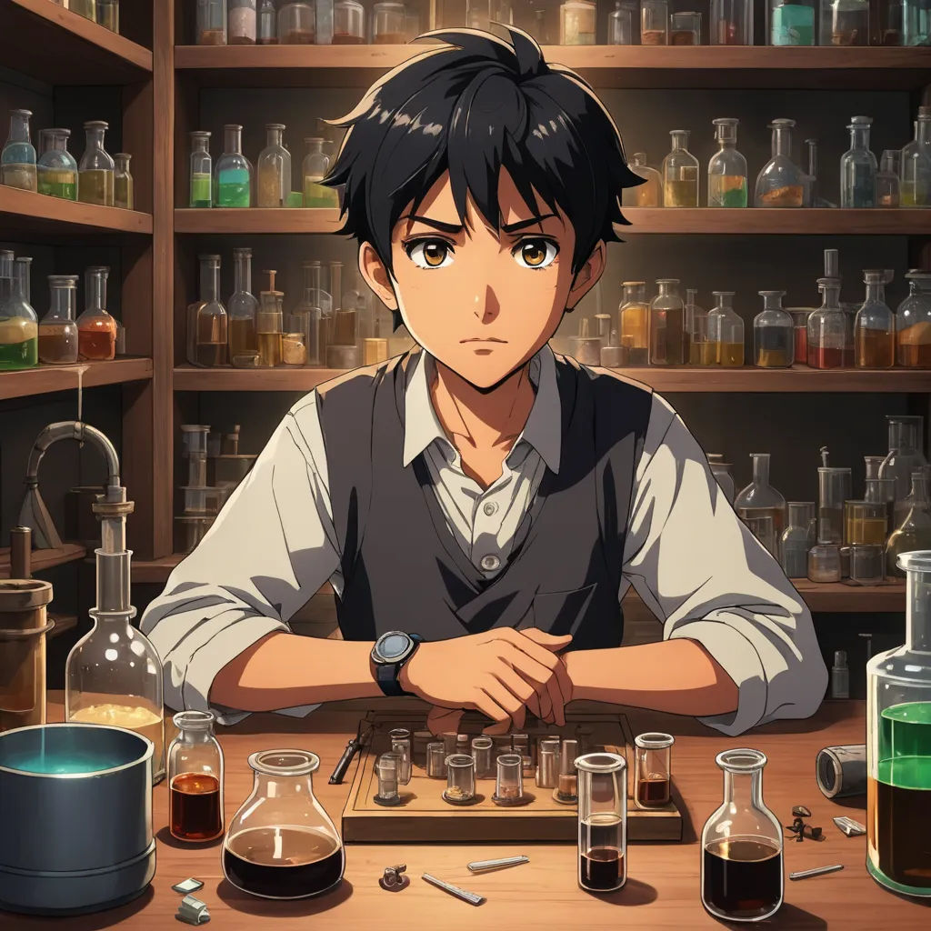 a man sitting at a table with a chess board in front of him and many bottles of liquid behind him, rayonism, a character portrait, Aguri Uchida, official art