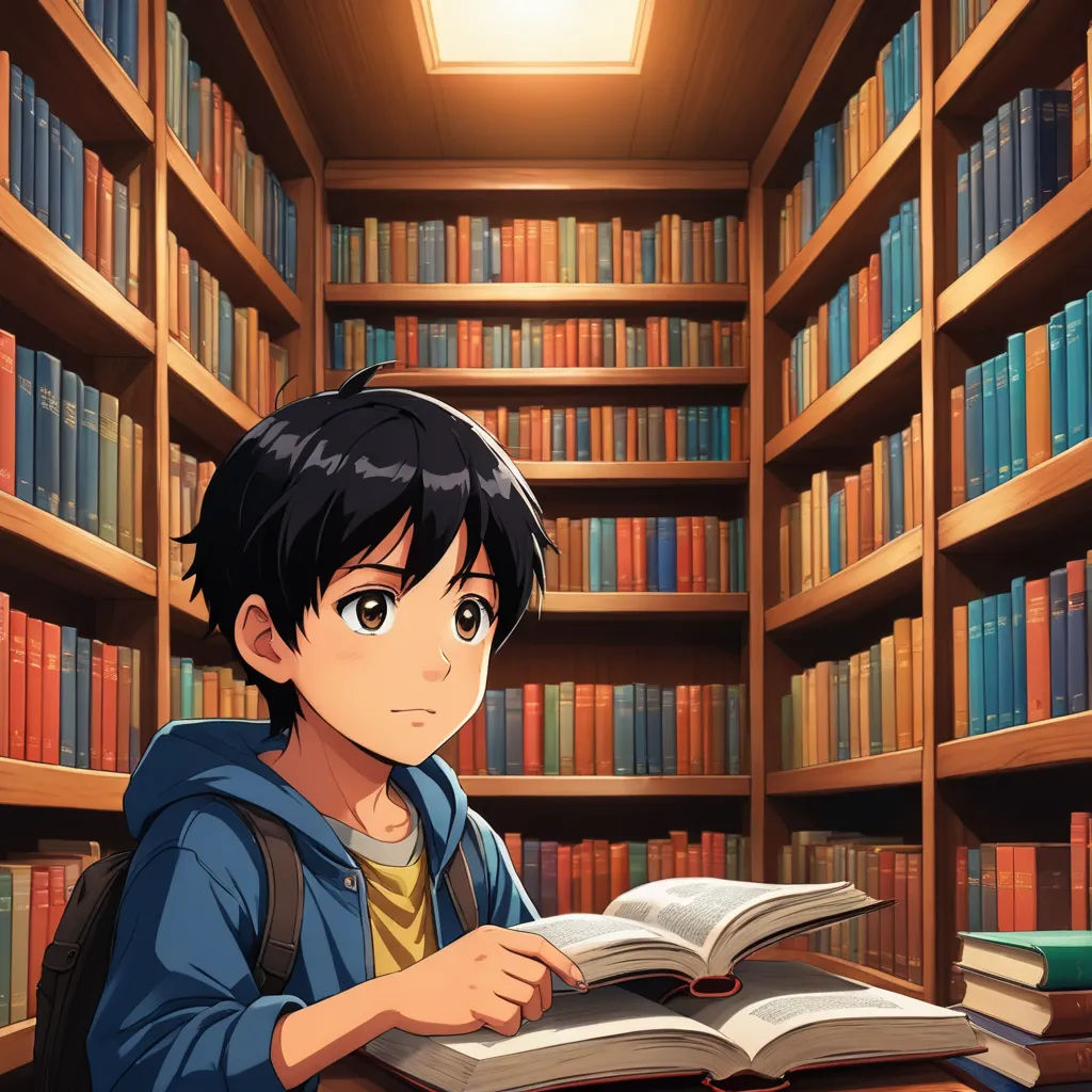 a boy reading a book in a library with a lot of bookshelves behind him and a light above him, sots art, a character portrait, Eizan Kikukawa, official art