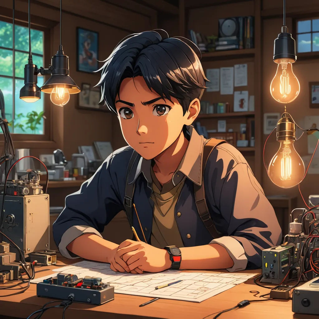 a man sitting at a desk with a pen and paper in front of him and a lot of lights hanging above him, sots art, a character portrait, Eizan Kikukawa, official art