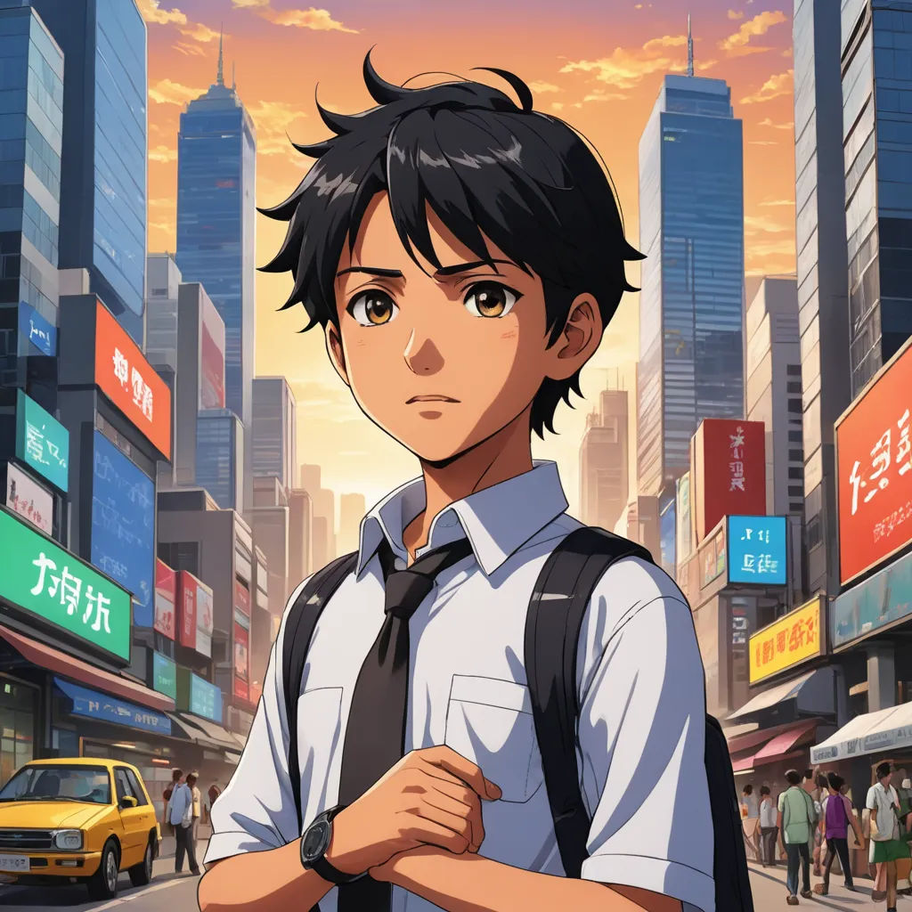 a man standing in the middle of a city street with a backpack on his shoulder and a cityscape in the background, serial art, a character portrait, Cedric Seaut (Keos Masons), anime key visual