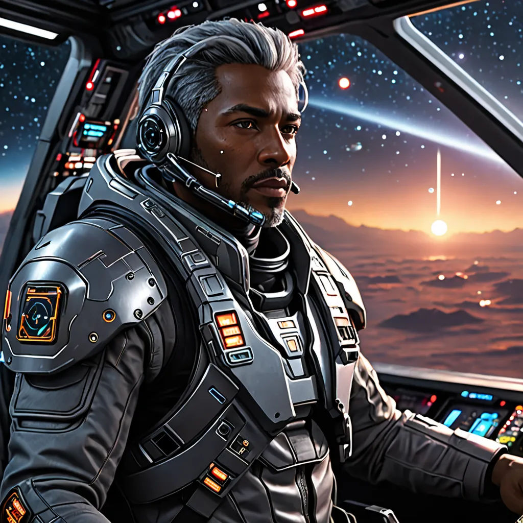 a man in a space station with a computer screen and a view of the earth and stars in the background, space art, computer graphics, Edmond Xavier Kapp, character art