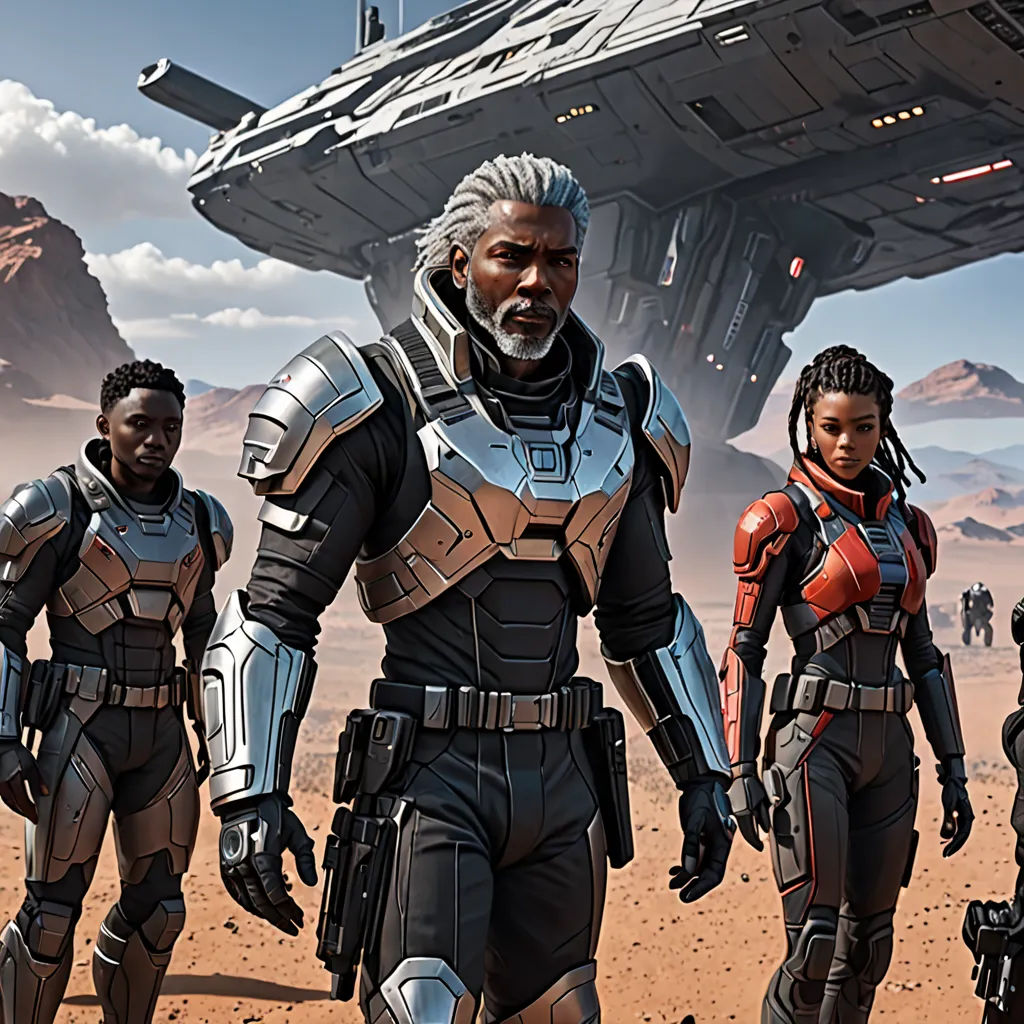 a group of people in space suits walking on a desert area with a spaceship in the background and a mountain in the distance, afrofuturism, computer graphics, Eve Ryder, unreal 5