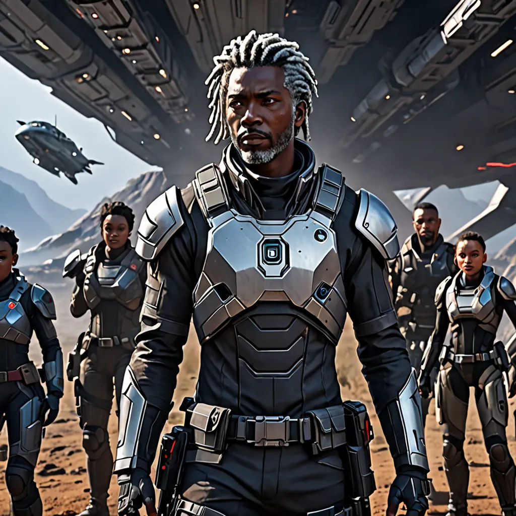 a group of people in futuristic outfits standing in front of a spaceship ship in a desert area with mountains in the background, afrofuturism, computer graphics, Edmond Xavier Kapp, unreal 5