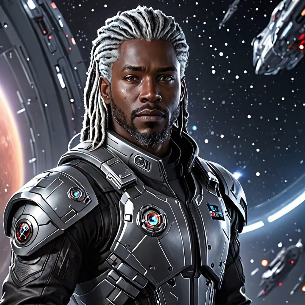 a man in a space suit standing in front of a space station with a spaceship in the background and a red planet in the background, afrofuturism, a character portrait, Edmond Xavier Kapp, star citizen halo