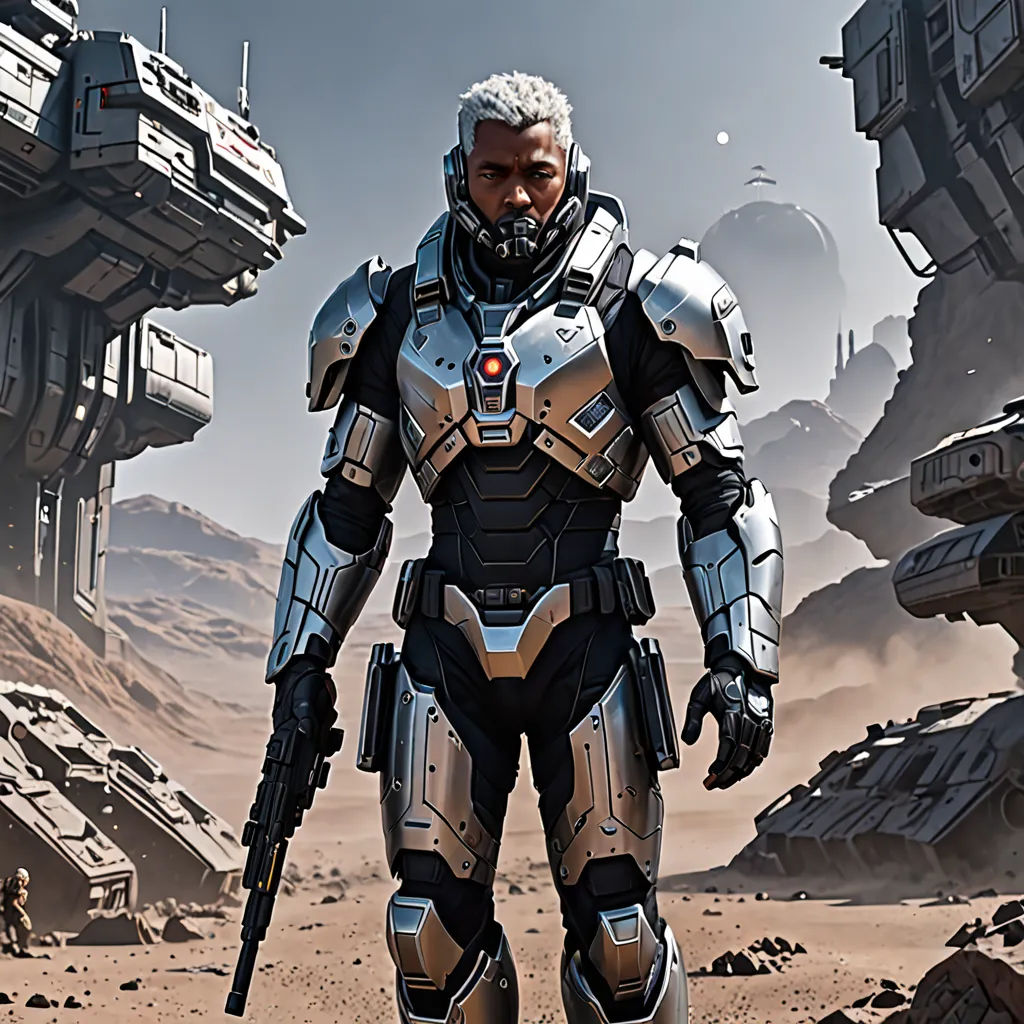 a man in a futuristic suit standing in a desert area with a gun in his hand and a spaceship in the background, space art, concept art, Eve Ryder, mass effect