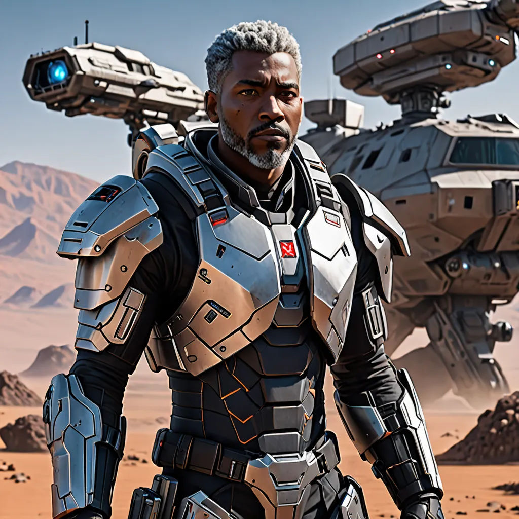 a man in a futuristic suit standing in front of a space station in the desert with a sci - fi fighter in the background, antipodeans, a character portrait, Eve Ryder, character art