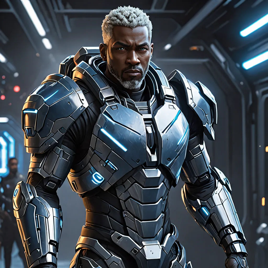 a man in a futuristic suit standing in a room with other people in the background and a robot suit on, afrofuturism, a character portrait, Bruce Onobrakpeya, character art