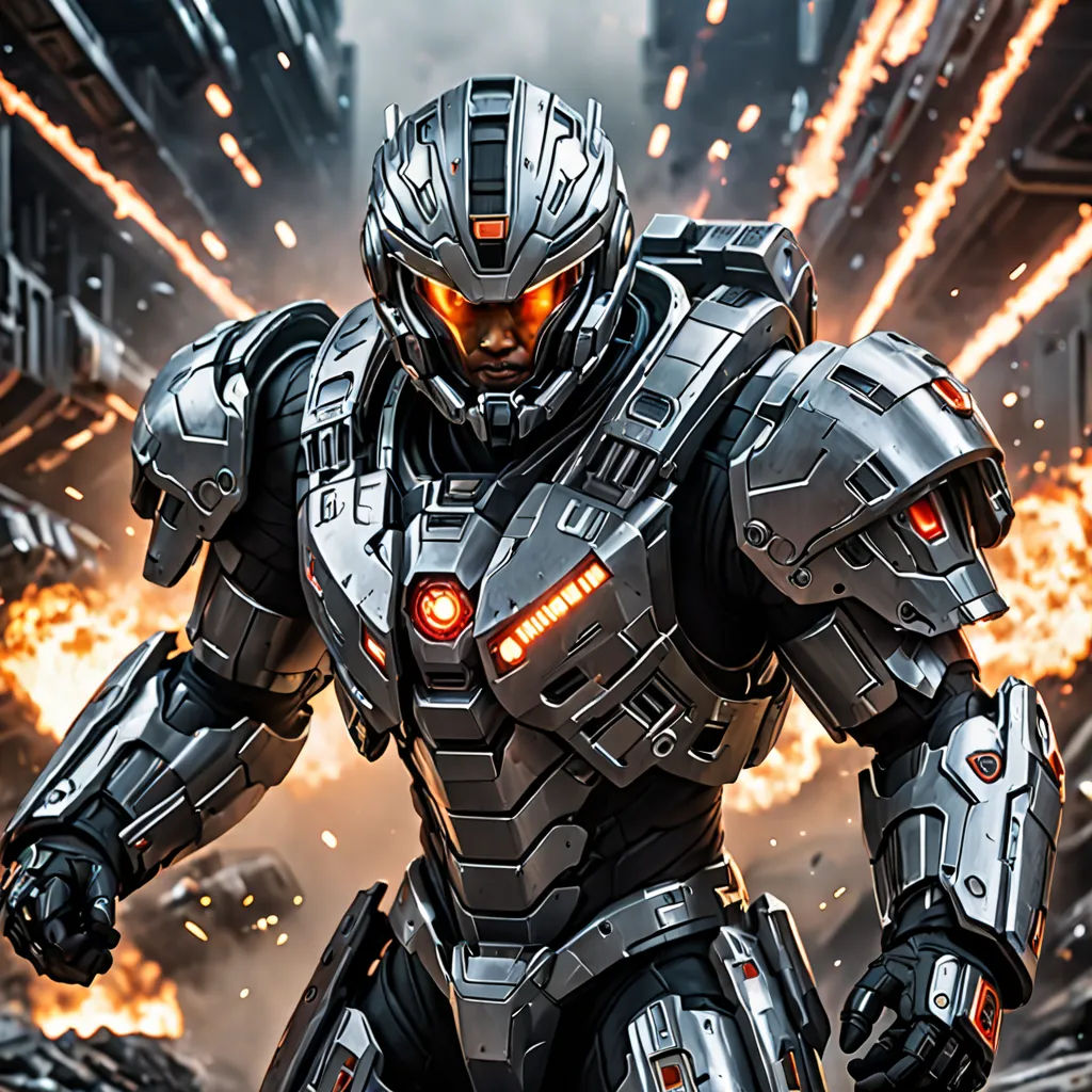 a robot with a helmet and a gun in his hand in a city with fire and smoke behind him, antipodeans, computer graphics, Eddie Mendoza, unreal engine 5 highly rendered