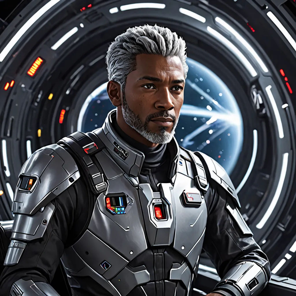 a man in a futuristic suit standing in front of a space station tunnel with a light saber in his hand, space art, a character portrait, Edmond Xavier Kapp, character portrait
