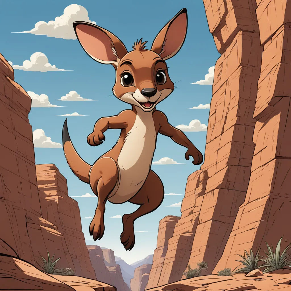 a cartoon kangaroo jumping over a cliff into the air with a sky background and clouds above it, in a desert setting, furry art, a storybook illustration, Chris LaBrooy, rossdraws global illumination