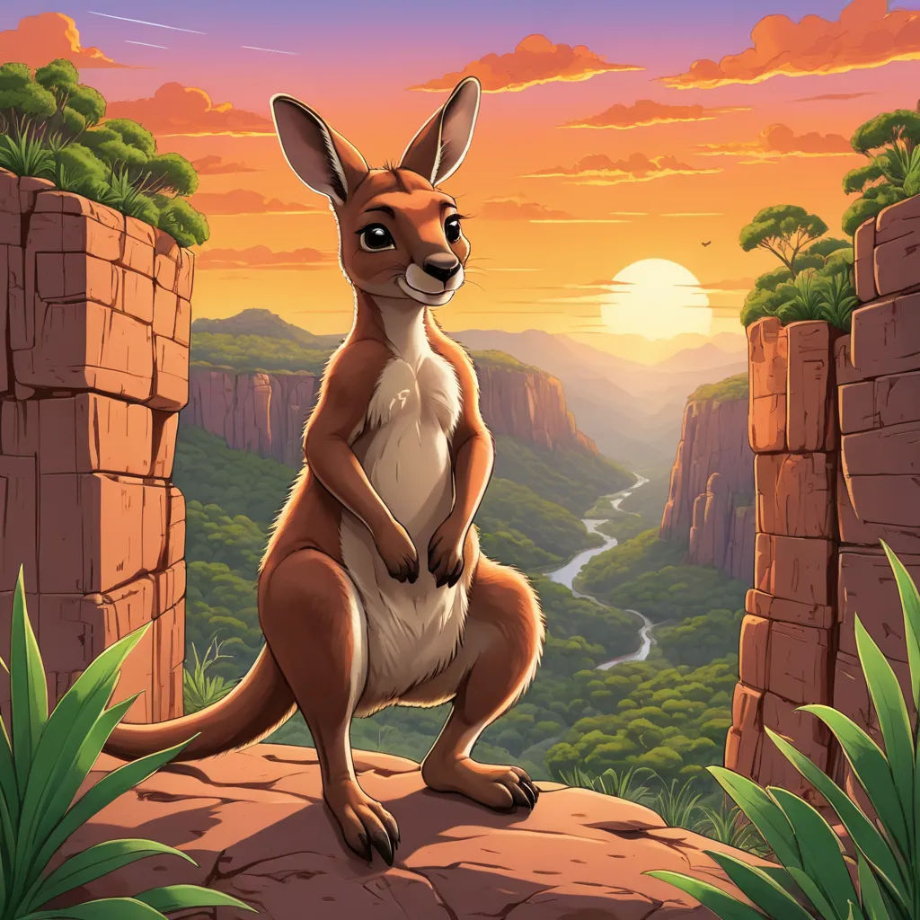 a kangaroo standing on a rock in a canyon at sunset with a valley in the background and a river running through the valley, furry art, a character portrait, Chris LaBrooy, official art