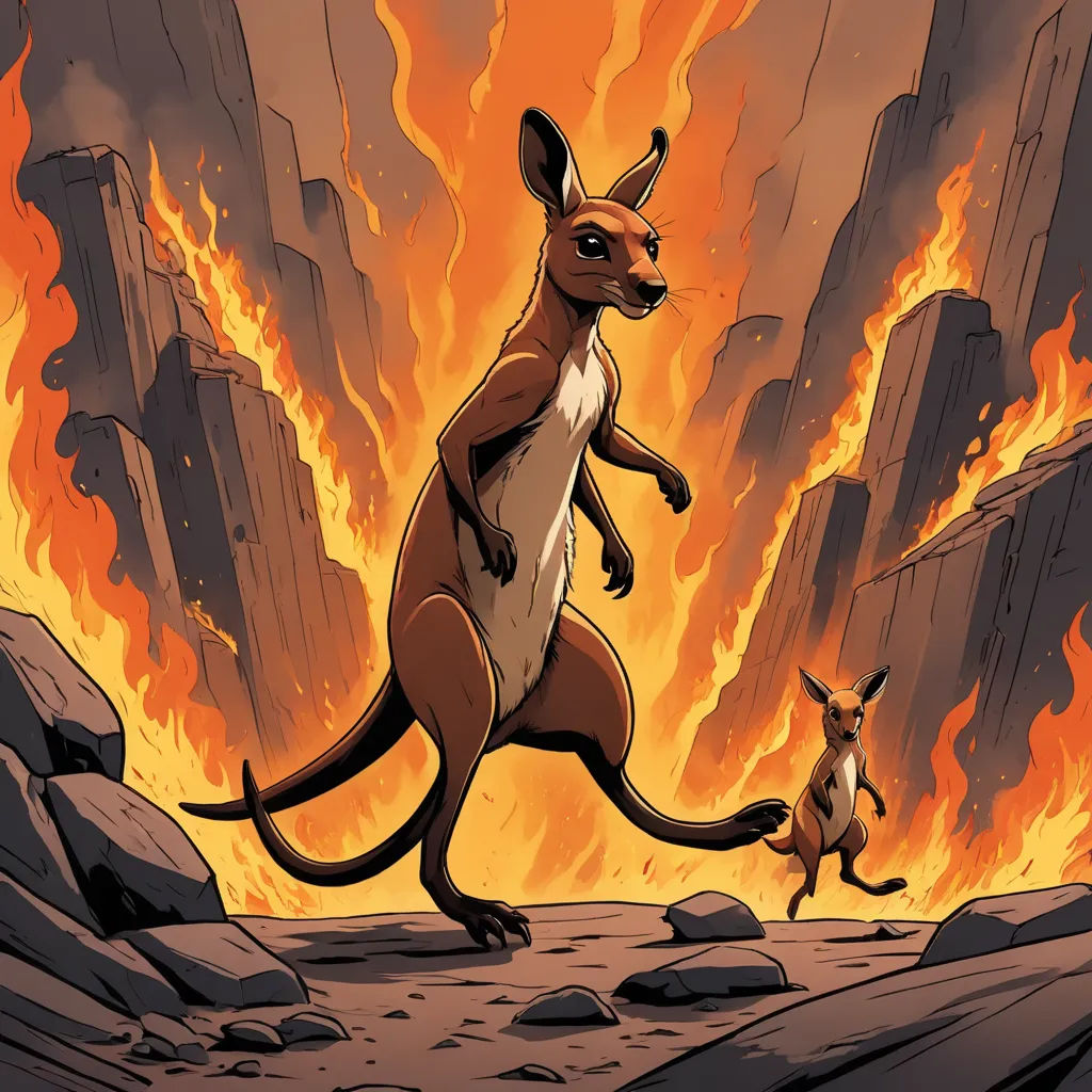 a kangaroo and a kangaroo standing in front of a fire filled mountain range with rocks and rocks on it, furry art, a comic book panel, Chris LaBrooy, comic cover art