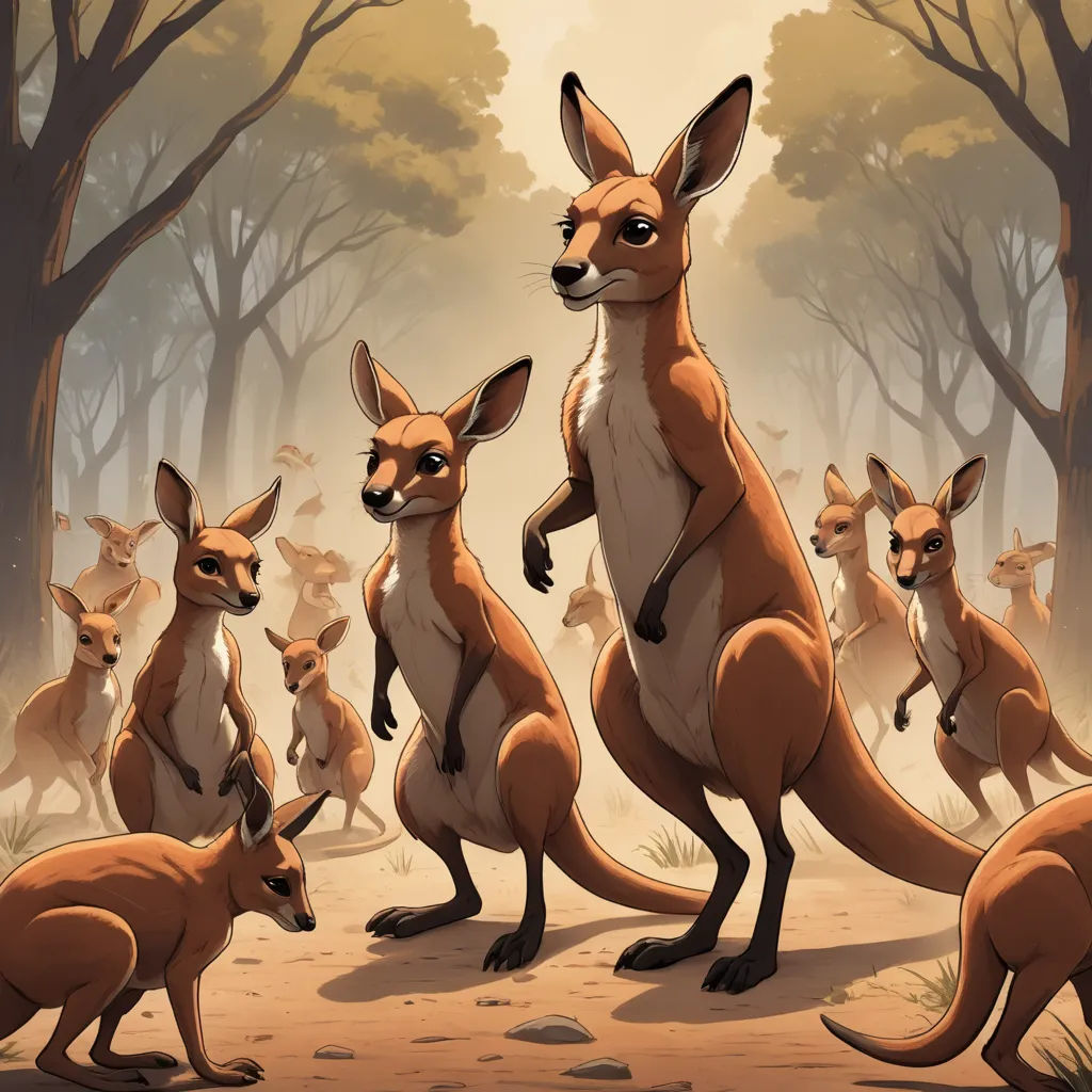 a group of kangaroos standing in a forest with trees in the background and a kangaroo in the foreground, furry art, a storybook illustration, Don Bluth, furaffinity