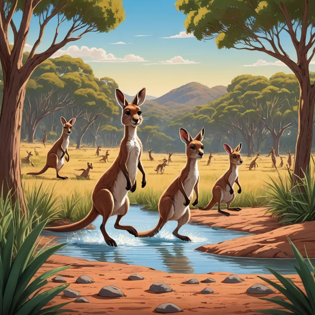 a painting of kangaroos jumping into a river in a field with trees and grass in the background, with a few other kangaroos in the background, regionalism, a storybook illustration, Chris LaBrooy, rossdraws global illumination