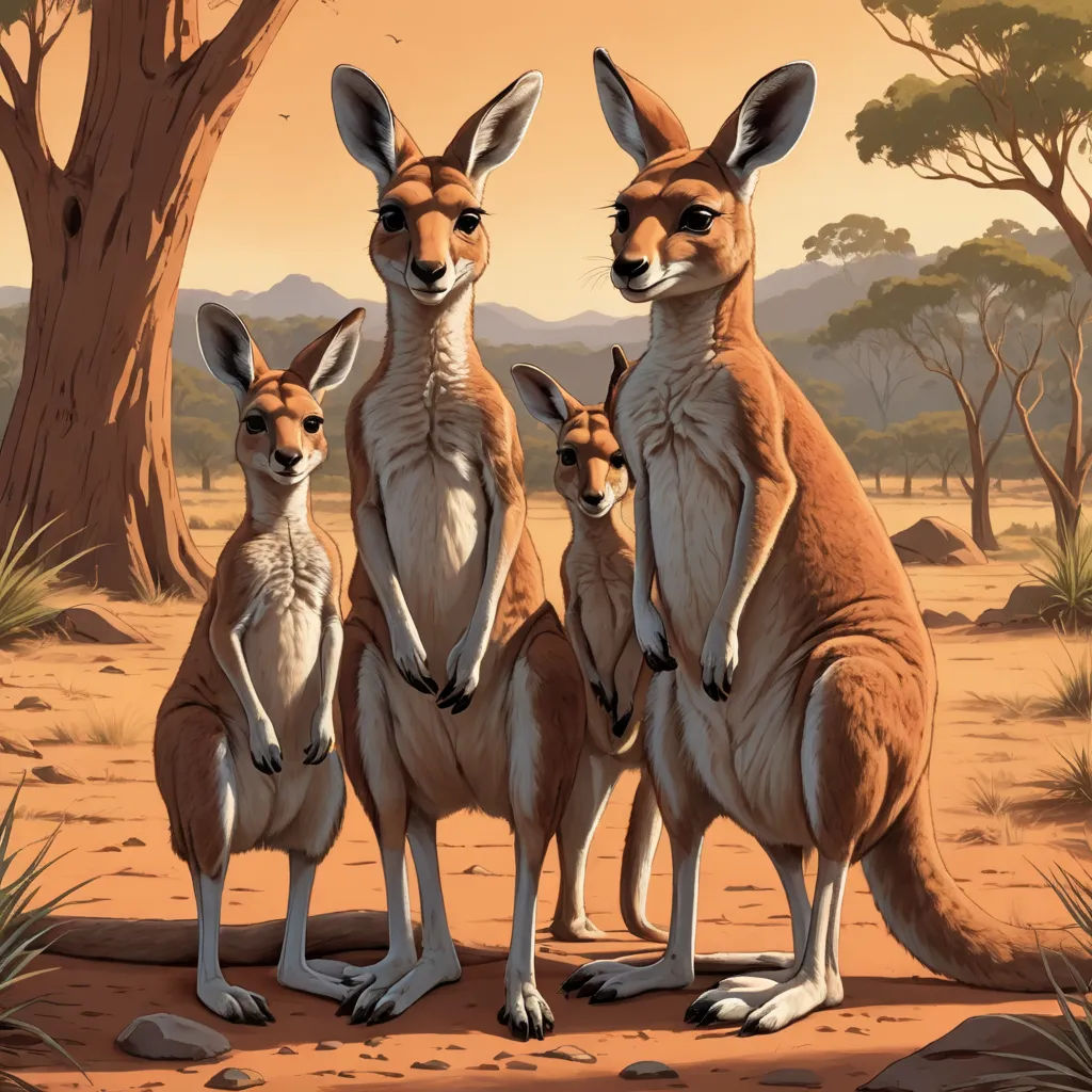 a group of kangaroos standing in the desert with trees in the background and a sunset in the background, australian tonalism, a storybook illustration, Chris LaBrooy, rossdraws global illumination