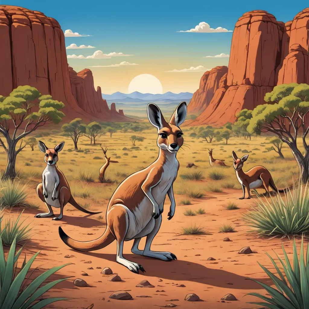 a painting of a kangaroo and kangaroos in a desert landscape with mountains in the background and a sunset, furry art, an airbrush painting, Chris LaBrooy, rossdraws global illumination
