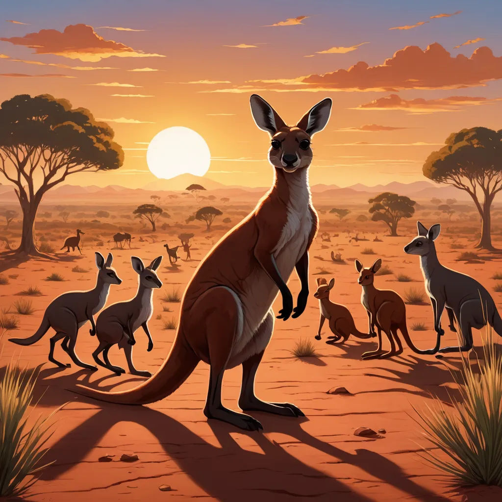 a painting of a kangaroo and other kangaroos in the desert at sunset with the sun setting behind them, australian tonalism, an airbrush painting, Chris LaBrooy, rossdraws global illumination