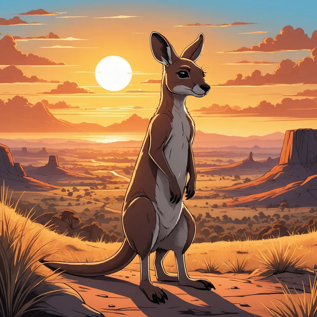 a kangaroo standing on its hind legs in the desert at sunset with the sun in the background and clouds in the sky, furry art, a comic book panel, Anson Maddocks, rossdraws global illumination