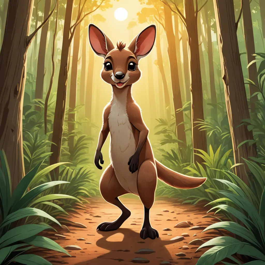 a cartoon kangaroo standing in a forest with the sun shining through the trees behind it and a path leading to the ground, furry art, a character portrait, Chris LaBrooy, rossdraws global illumination