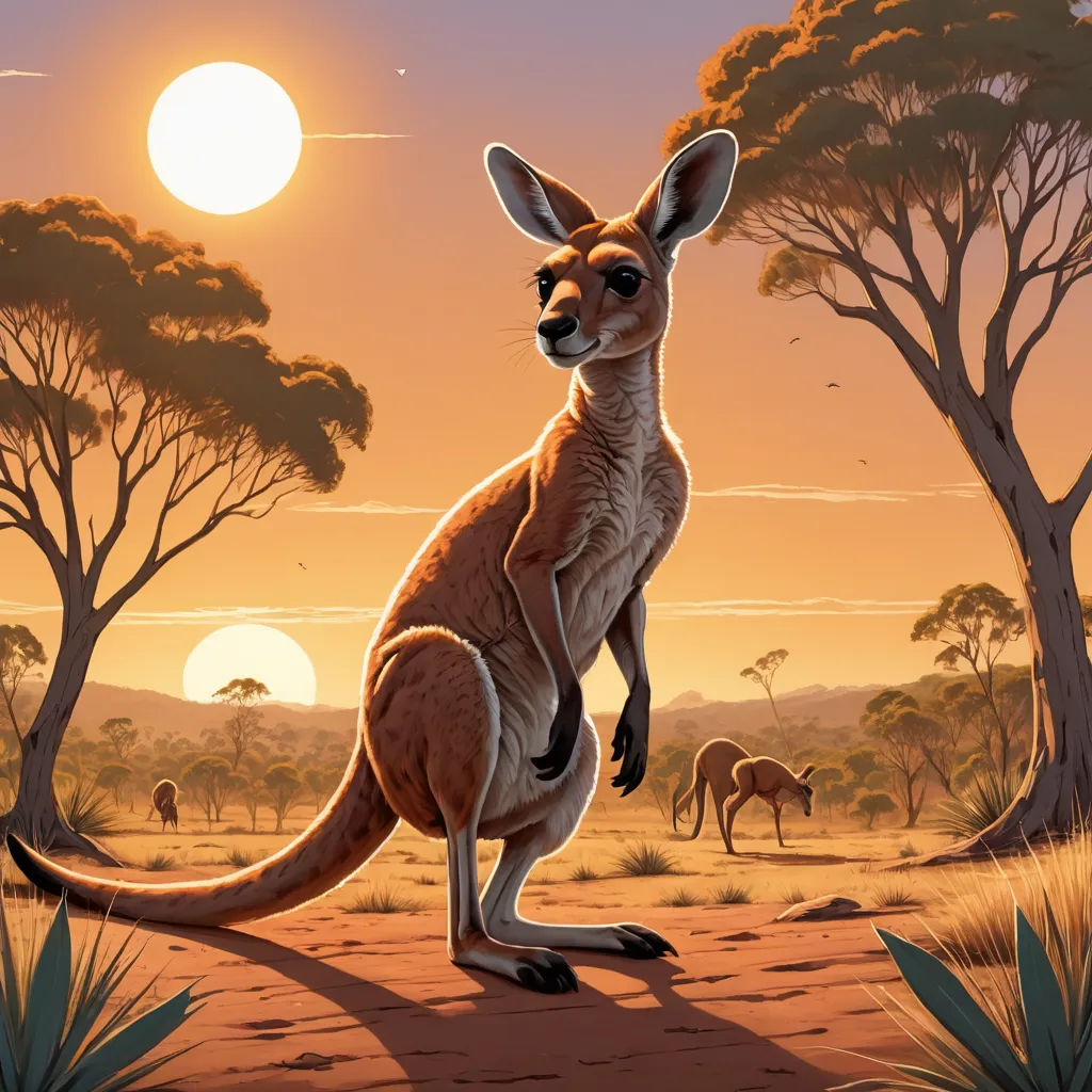 a kangaroo standing on its hind legs in the desert at sunset with other animals in the background and a setting sun, australian tonalism, an illustration of, Chris LaBrooy, rossdraws global illumination