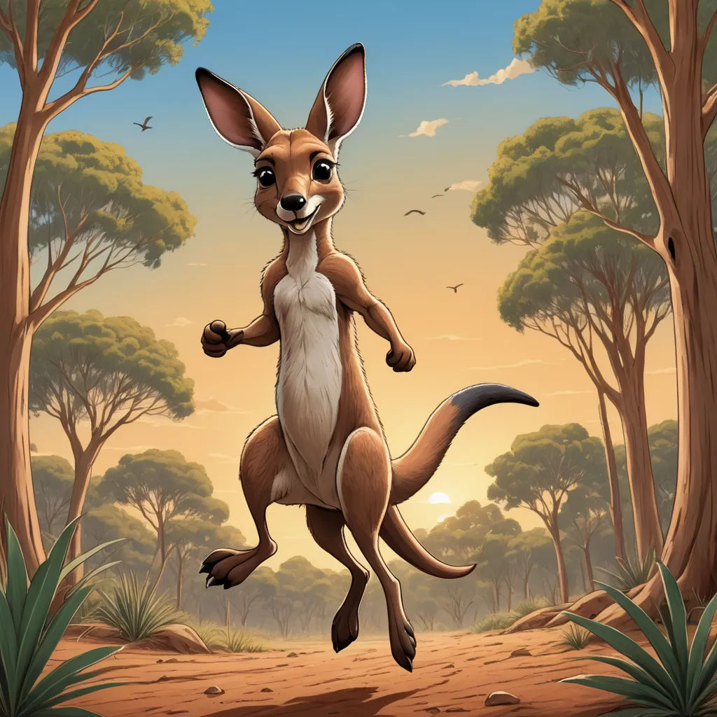 a kangaroo is jumping in the air in a forest with trees and birds in the background, with a sunset in the background, furry art, an airbrush painting, Chris LaBrooy, rossdraws global illumination