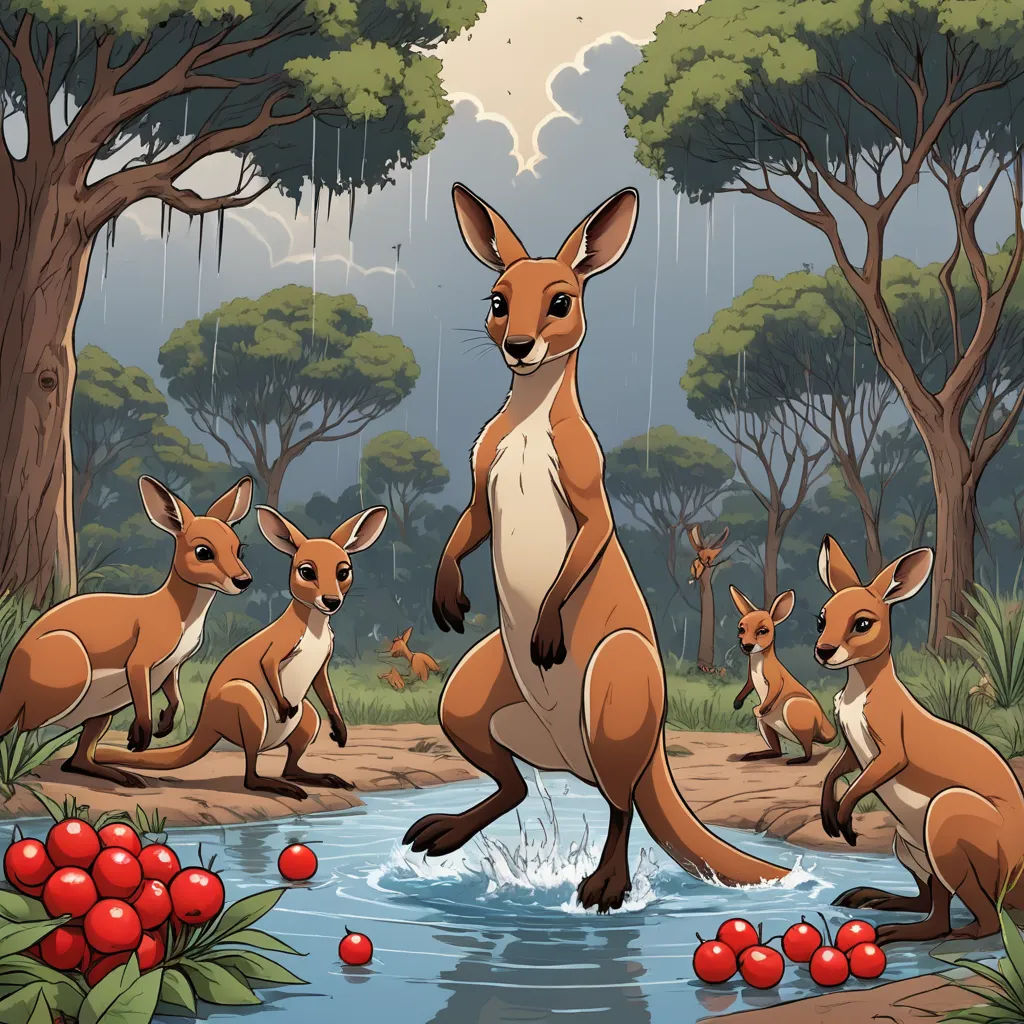 a group of kangaroos standing in a forest next to a pond of water and trees with red berries, furry art, a storybook illustration, Chris LaBrooy, rossdraws global illumination