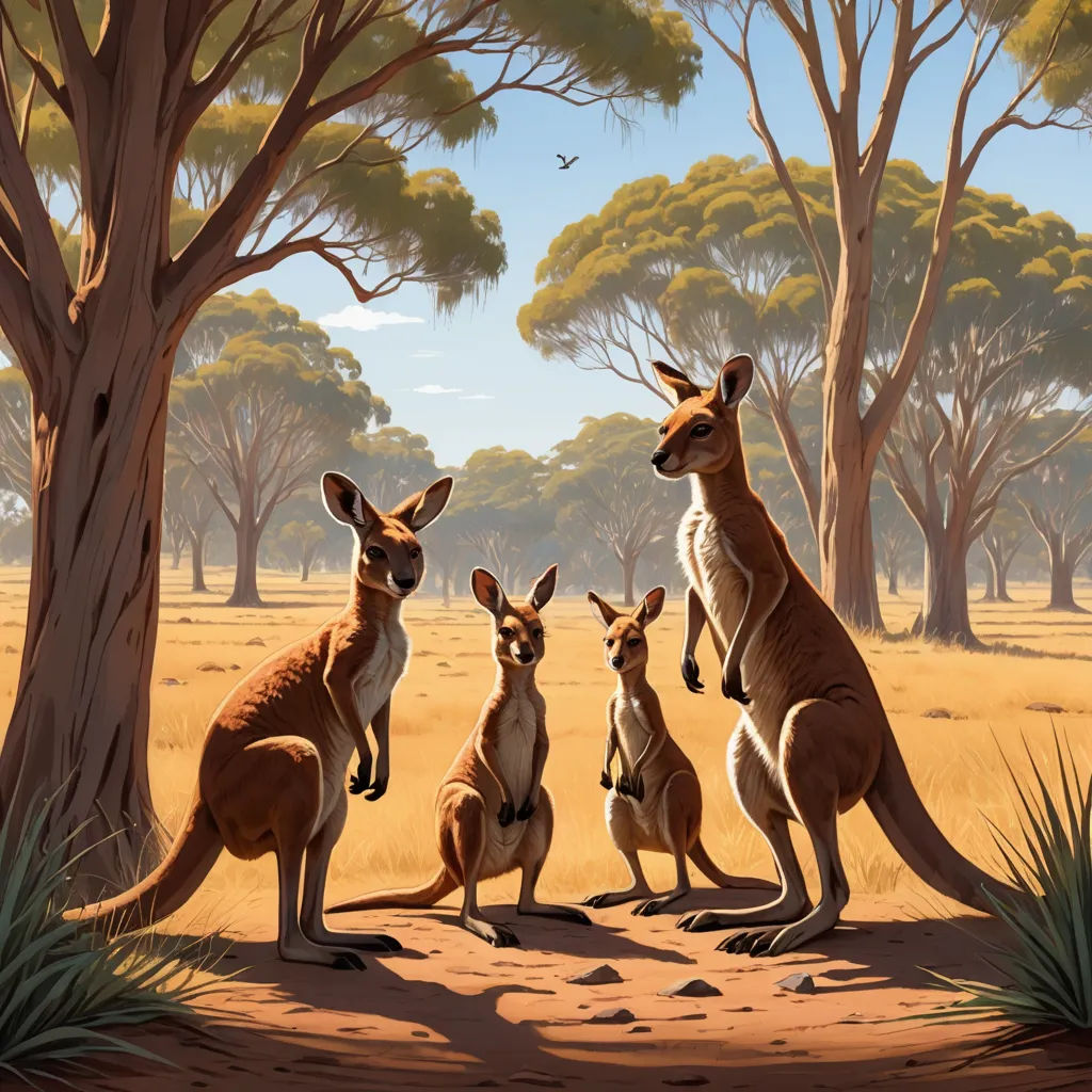 a painting of three kangaroos in a desert setting with trees in the background and a bird flying overhead, australian tonalism, an ultrafine detailed painting, Chris LaBrooy, rossdraws global illumination