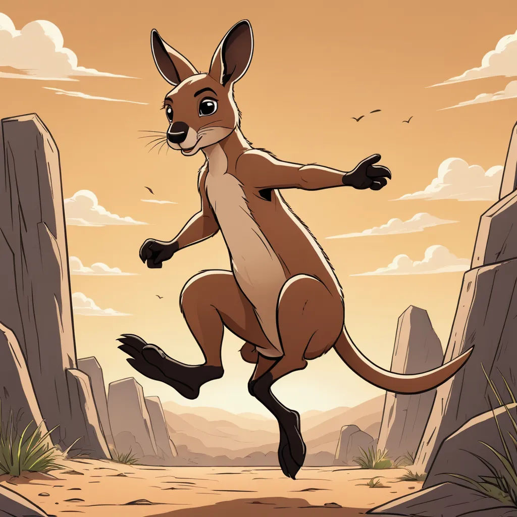 a kangaroo jumping in the air in front of a desert landscape with rocks and a bird flying overhead in the sky, furry art, a character portrait, Chris LaBrooy, rossdraws global illumination
