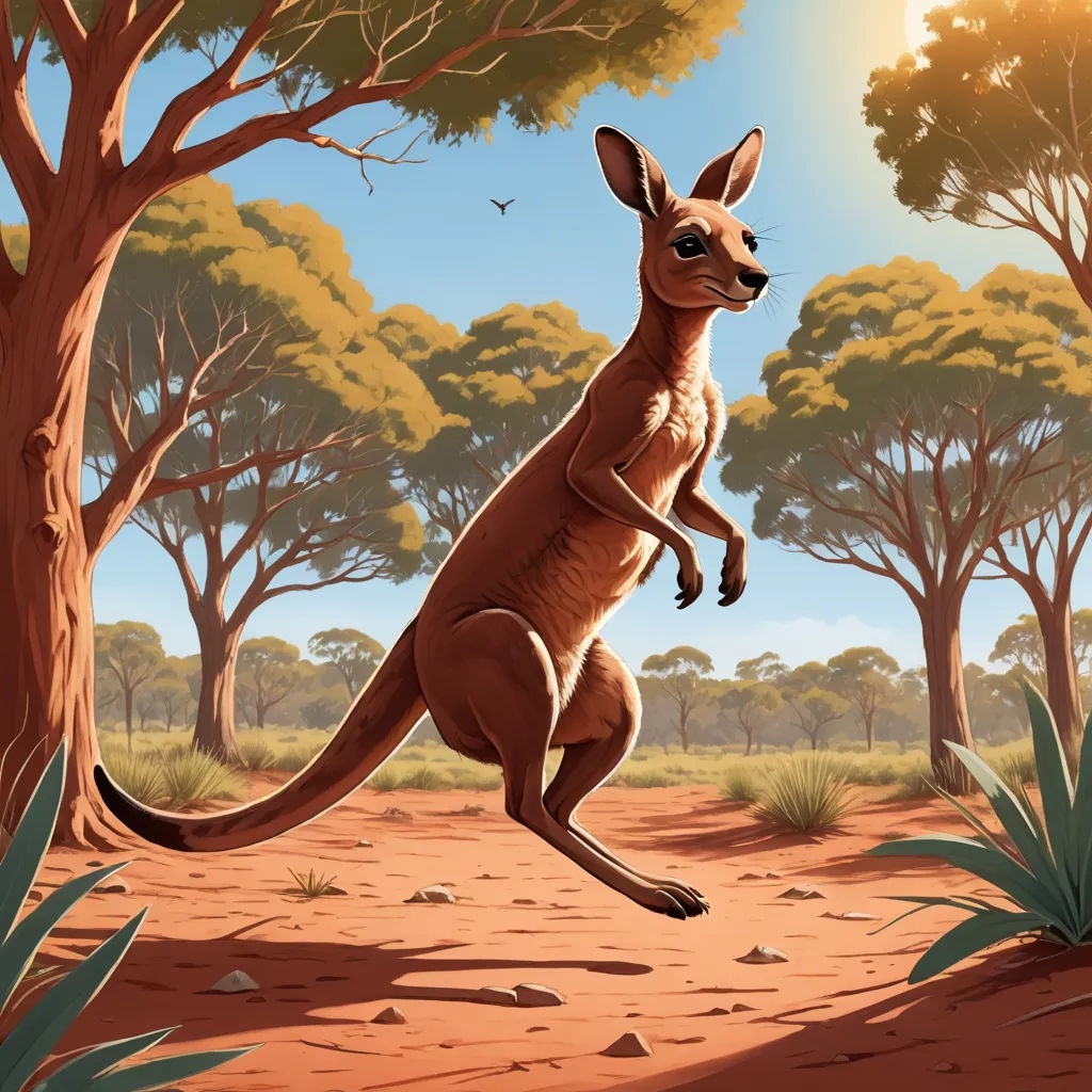 a kangaroo jumping in the air in a desert area with trees and bushes in the background and a bird flying overhead, australian tonalism, an illustration of, Chris LaBrooy, rossdraws global illumination