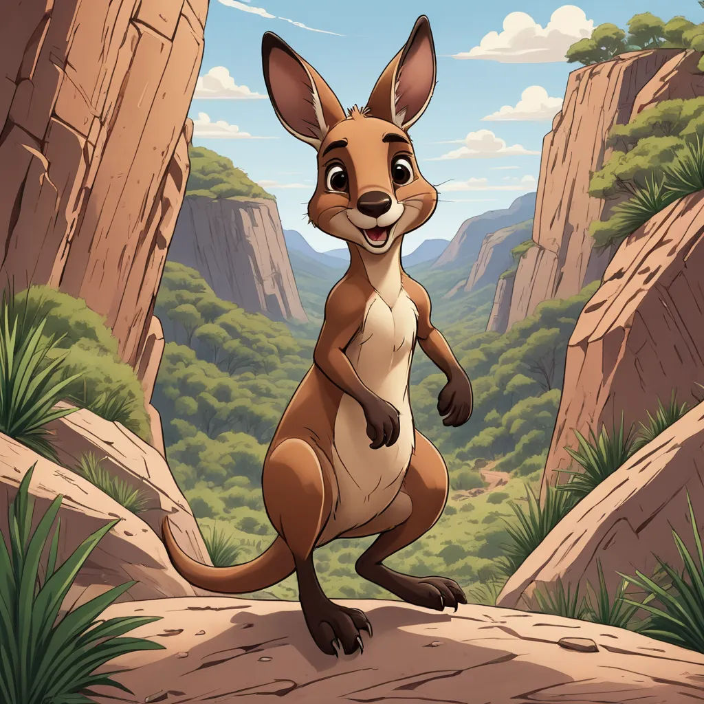 a kangaroo standing on a rock in a mountainous area with a valley in the background and a sky with clouds, furry art, a character portrait, Chris LaBrooy, promotional image