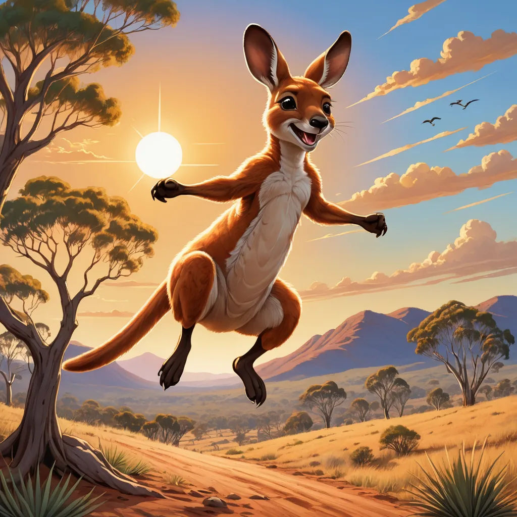 a painting of a kangaroo jumping in the air with a sunset in the background and a bird flying overhead, furry art, an airbrush painting, Chris LaBrooy, rossdraws global illumination