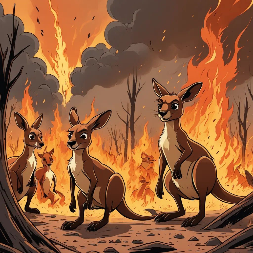 a group of kangaroos standing in front of a fire with flames in the background and a forest filled with trees, furry art, a comic book panel, Don Bluth, furaffinity