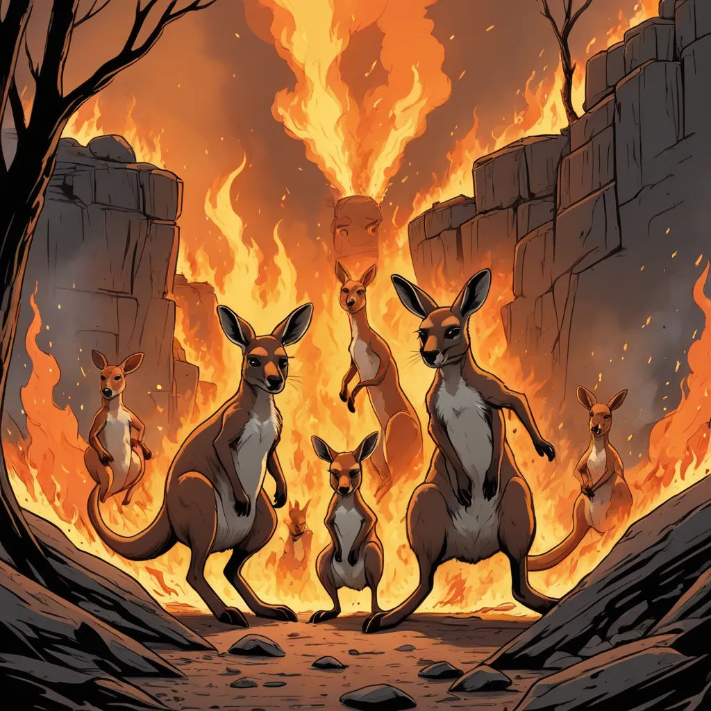 a group of kangaroos standing in front of a fire with a kangaroo on its back and a kangaroo on its back, furry art, a comic book panel, Chris LaBrooy, comic cover art