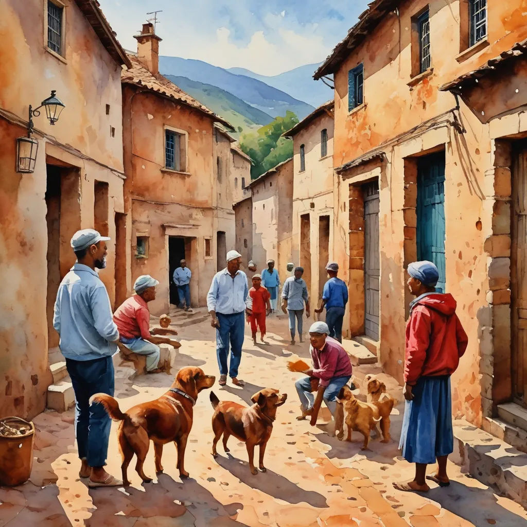 a painting of a group of people and dogs in a village setting with mountains in the background and a man in a red jacket, figurative art, a fine art painting, Art Brenner, thierry doizon